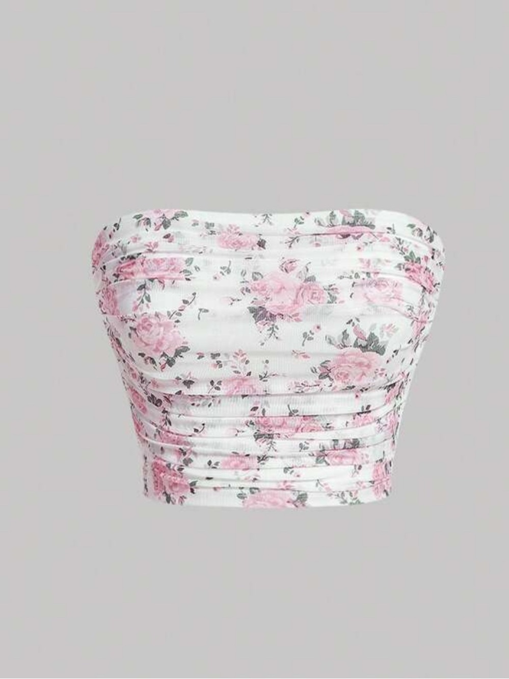 Romantic Strapless Floral Ruched Crop Top - White & Pink